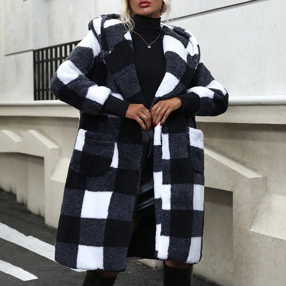 Black & White Casual Preppy Womens Buffalo Plaid Pattern Hooded Teddy Coat - Picture 3 of 6